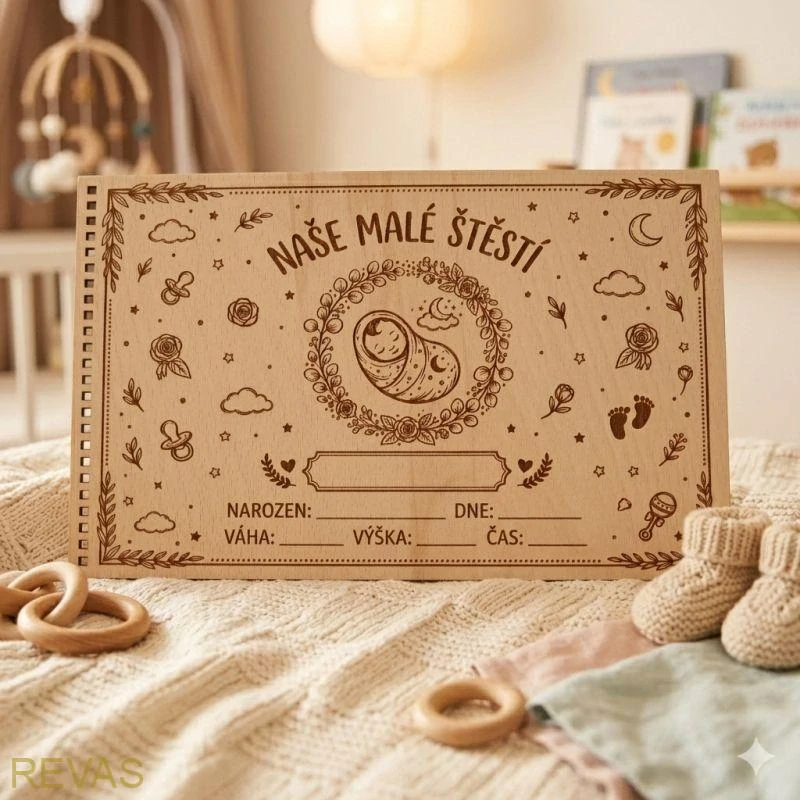 Dřevěné fotoalbum Naše miminko – personalizované vzpomínkové album