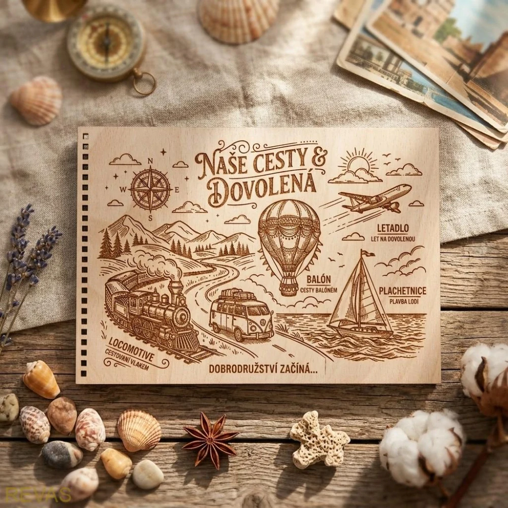 Dřevěné fotoalbum Naše cesty - dovolená – gravírované vzpomínkové album